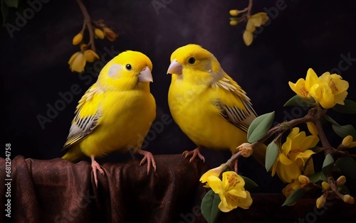 Realistic photo of a pair of canaries, indoors. generative ai