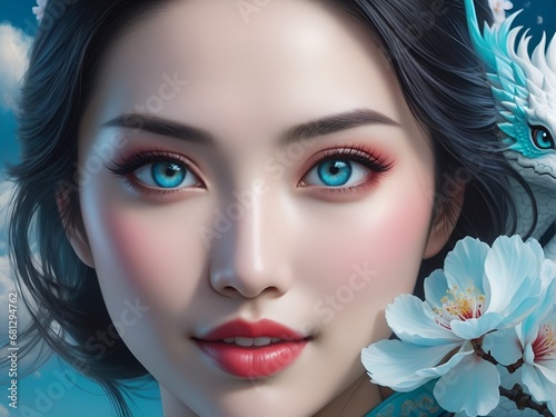 digital illustration beautiful geisha with turquoise eyes
