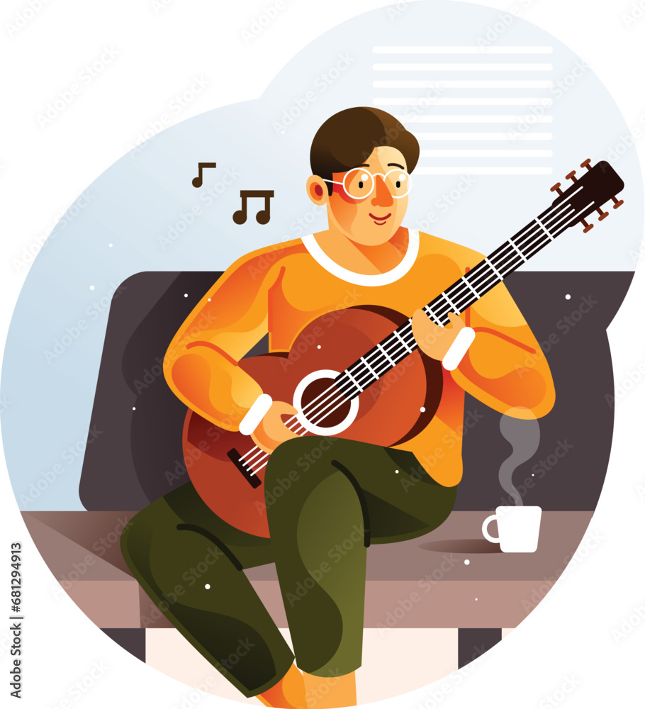 Obraz premium Man playing guitar while sitting on sofa