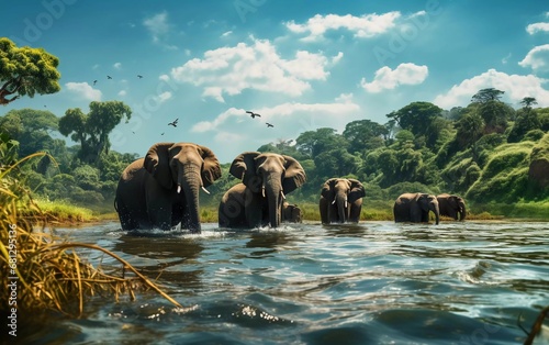 Realistic photo of a group of elephants bathing in a river, daytime background. generative ai