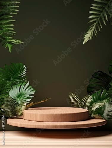 Wooden product display podium with nature leaves   empty podium  copy space  generative ai