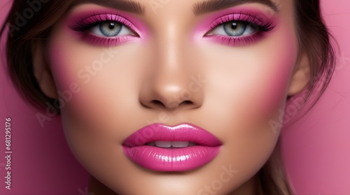 Fashion editorial Concept. Closeup portrait of stunning pretty woman with chiseled features  pink makeup