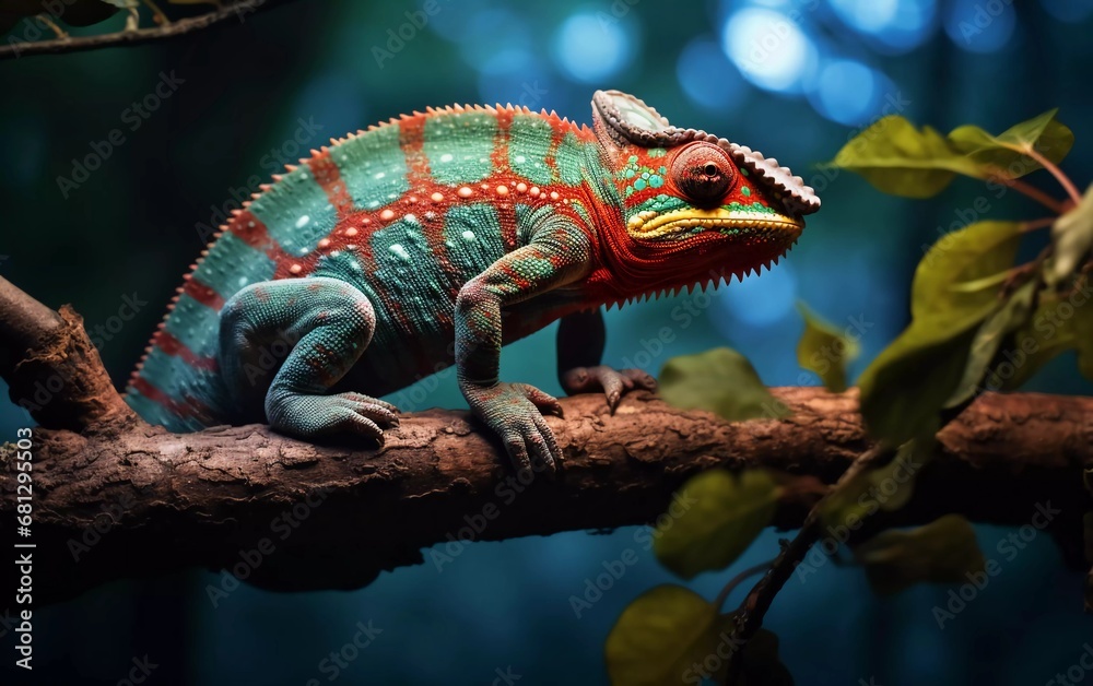 Realistic photo of panther chameleon, madagascar fauna on tree. generative ai - obrazy, fototapety, plakaty 
