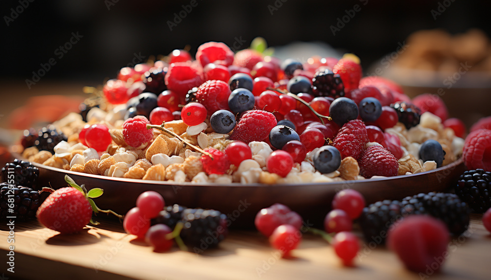 Healthy eating Fresh fruit bowl on rustic wooden table generated by AI Healthy eating Fresh fruit bowl on rustic wooden table generated by AI