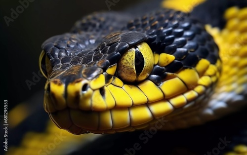 realistic photo of yellow ringed boiga dendrophila snack snake, head of boiga dendrophila, animal close up. generative ai