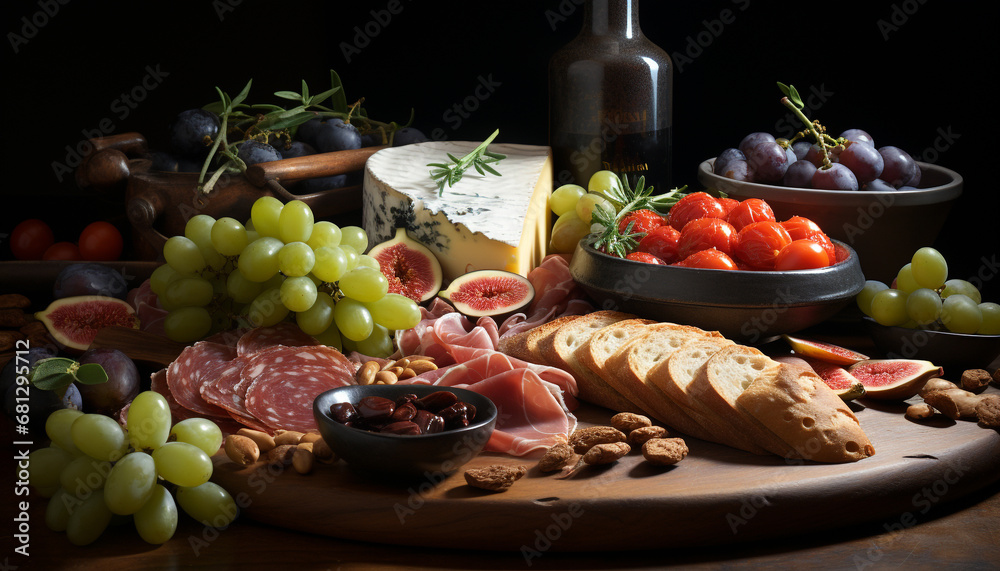 Freshness and variety on a rustic wooden table grapes, bread, cheese, and wine generated by AI