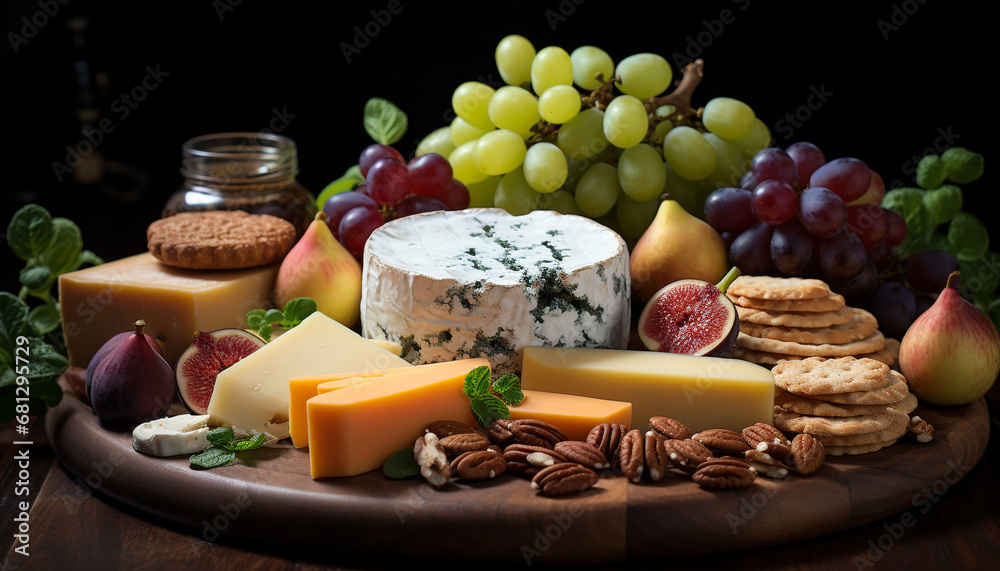 A gourmet snack fresh camembert, bread, and wine on a wooden table generated by AI A gourmet snack fresh camembert, bread, and wine on a wooden table generated by AI