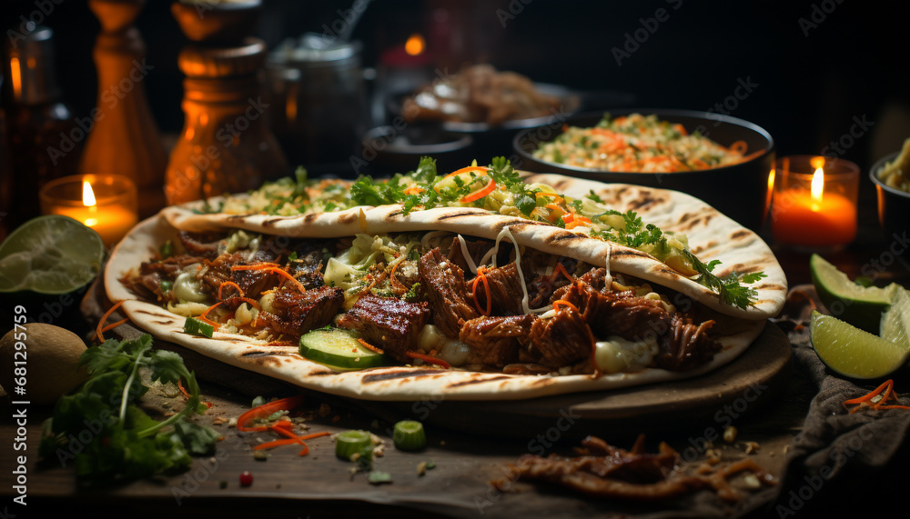 Grilled beef taco, fresh vegetable, homemade guacamole, rustic flatbread generated by AI