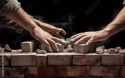 Realistic photo of construction worker's hand, industrial bricklayer laying bricks. generative ai © KBL Sungkid
