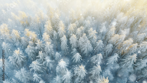 winter panorama from a drone view of a coniferous forest covered with snow, snowflakes falling, wildlife landscape, aerial view
