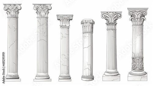 ancient marble columns set collection of isolated architectural elements on a white background