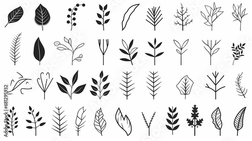 set, collection of simple leaves and branches isolated on a white background, minimalism flat graphics for design, black and white style © kichigin19