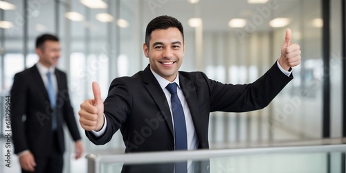 A businessman confidently smiling and giving a thumbs up. Business background with copy space.
