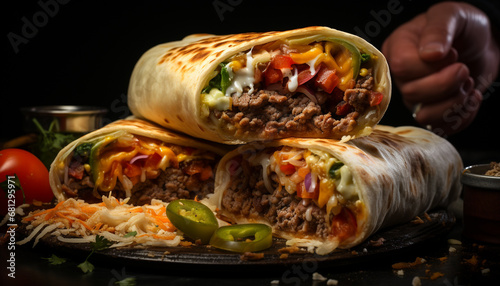 Grilled beef burrito with fresh vegetables, guacamole, and cheese generated by AI photo