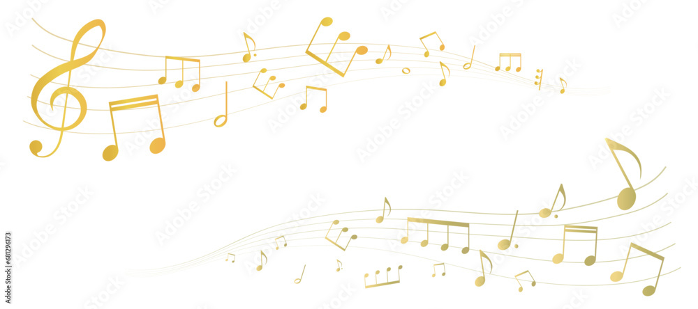 ゴールドの楽譜のフレームイラスト　五線譜　背景イラスト　音符、音楽記号のイラスト