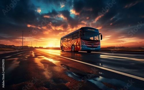 Realistic photo of bus running asphalt road on freeway landscape at sunset. generative ai photo
