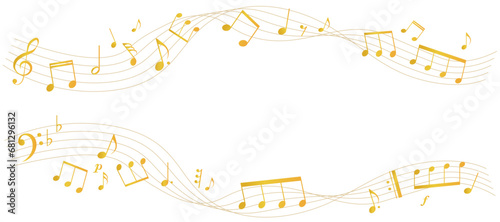 ゴールドの楽譜のフレームイラスト　五線譜　背景イラスト　音符、休符、音楽記号のイラスト photo