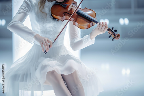 Close up of woman hands playing violin at the concert hall. Lifestyle concept of violinist and orchestral.