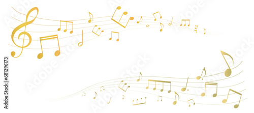 ゴールドの楽譜のフレームイラスト 五線譜 背景イラスト 音符、音楽記号のイラスト