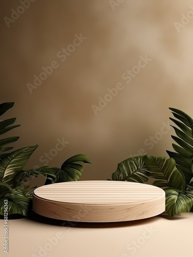 Wooden product display podium with nature leaves   empty podium  copy space  generative ai