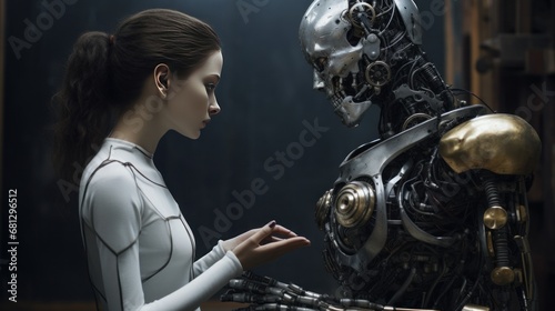 humans young girl and robots background wallpaper AI generated image