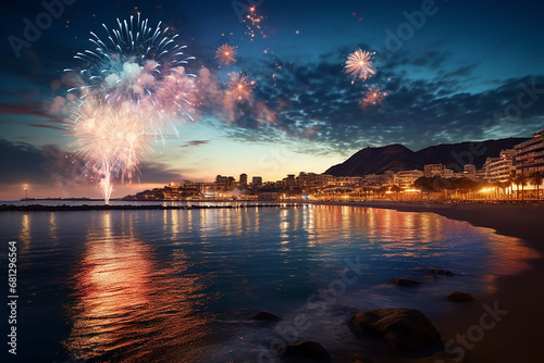 Generative AI Image of New Year Celebration with Beach Landscape and Cityscape in Europe