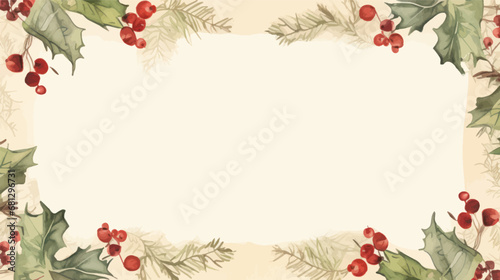 Christmas Holly Border with Red Berries and Green Leaves