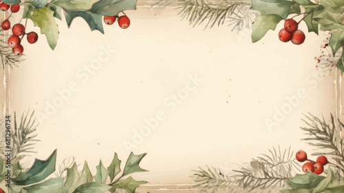 Christmas Holly Border with Red Berries and Green Leaves