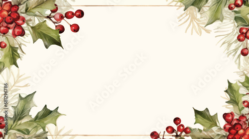 Christmas Holly Border with Red Berries and Green Leaves © KhWutthiphong