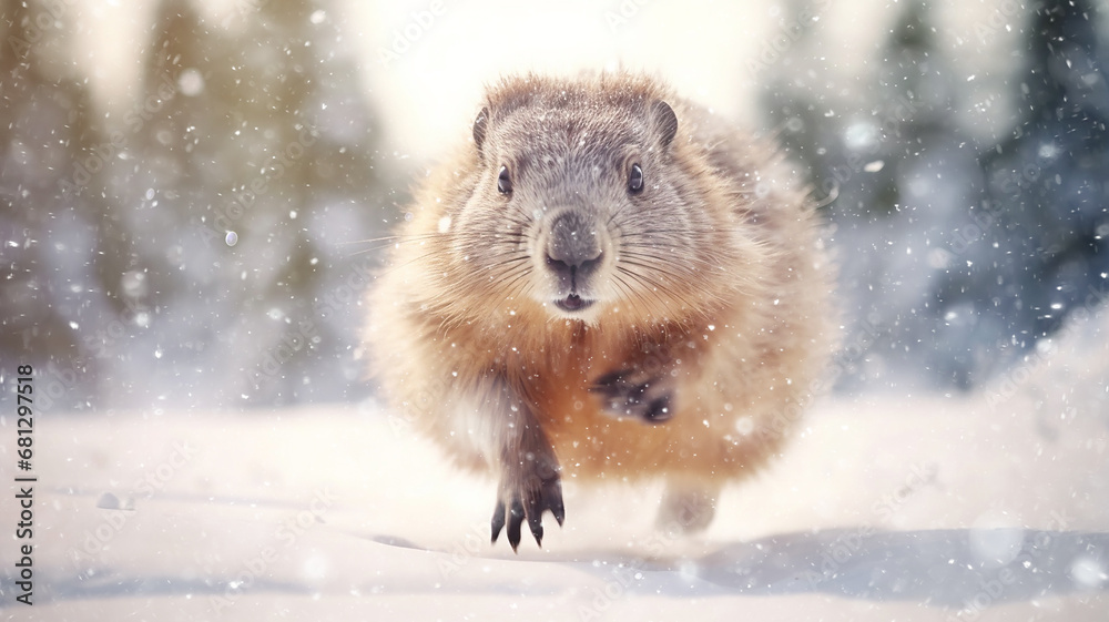 Obraz premium groundhog runs through the winter snow, dynamic pose fluffy rodent falling snow February calendar