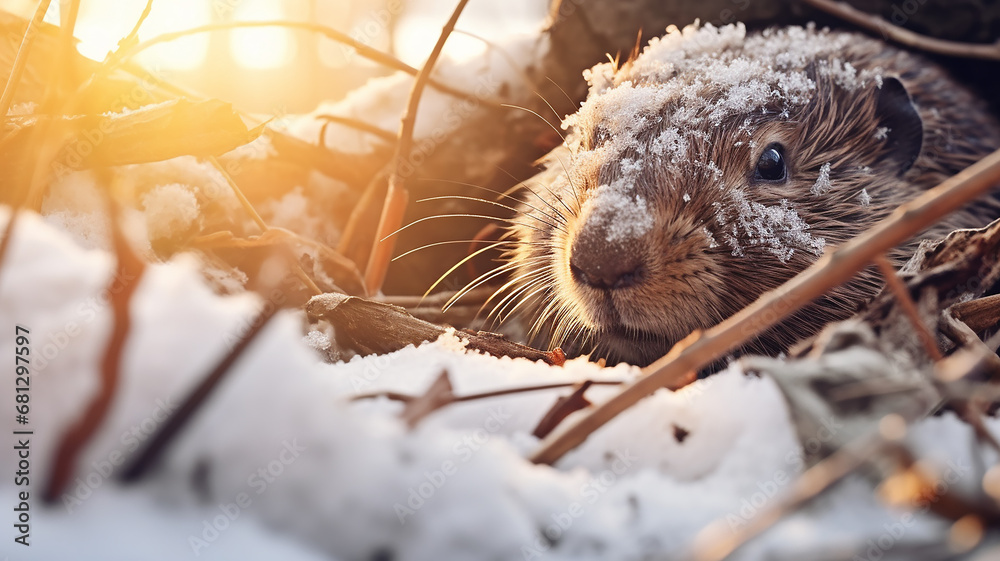 Fototapeta premium cute fluffy groundhog wakes up in his burrow day, the onset of spring, the change of seasons, prediction in February