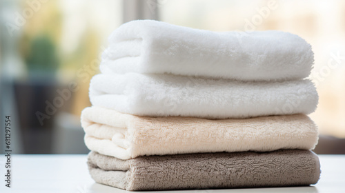 白とベージュと茶色のふわふわのタオル4枚が畳まれて置いてある写真