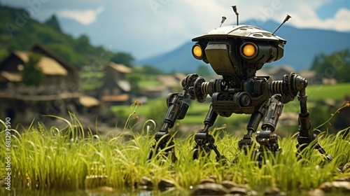 farmer robot in rice field background wallpaper AI generated image photo