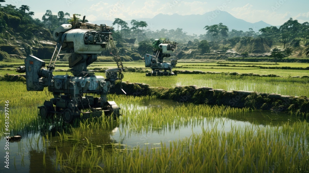 farmer robot in rice field background wallpaper AI generated image