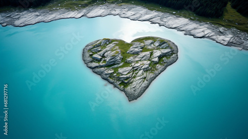 きれいなエメラルド色の氷河湖の中にハートの形をした岩の島