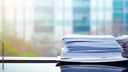 a stack of accounting documents on the desk in the office background copy space document flow photo