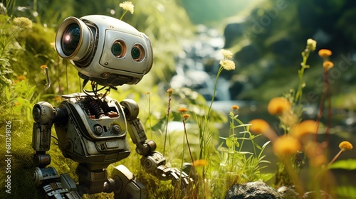 robot child and nature background wallpaper AI generated image
