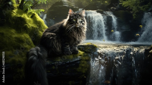 cat and waterfall background wallpaper AI generated image