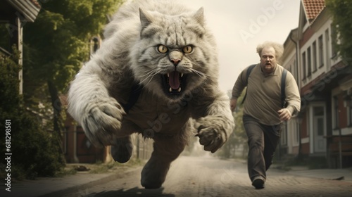 giant cat chasing people background wallpaper ai generated photo