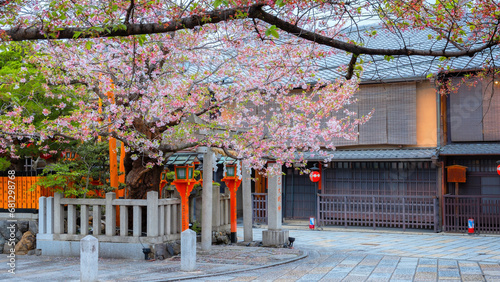 Kyoto, Japan - April 6 2023: Tatsumi Daimyojin Shrine situated nearby Tatsumu bashi bridge in Gion district photo