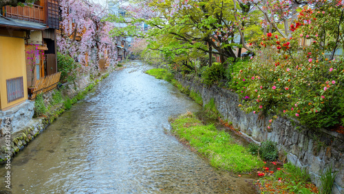 Shinbashi dori n Kyoto, Japan is the place where Gion-ochaya Teahouses stand side by side on the street coupled with the running of Shira-kawa River photo