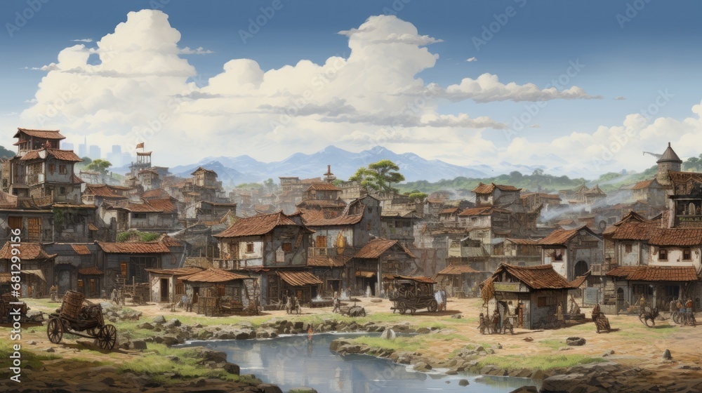village house painting background wallpaper AI generated image