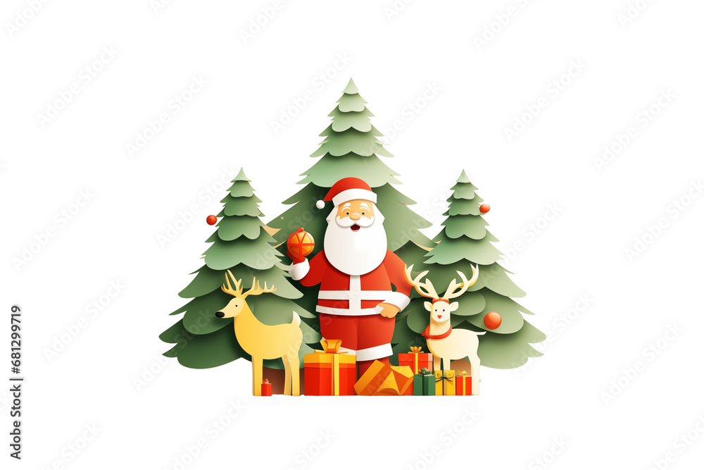 paper art cartoon of happiness santa, reindeer, green christmas tree, for christmas day 