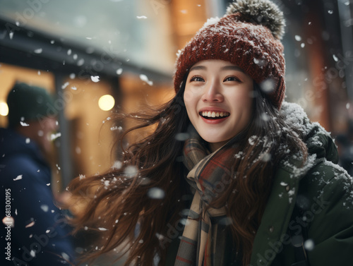 asian women looking at the falling snow on the street,smiling