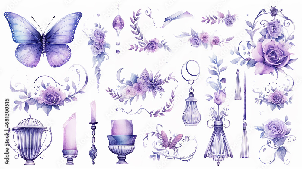 set collection of purple delicate accessories of a fairy princess watercolor drawing isolated on a white background  soft lavender color - obrazy, fototapety, plakaty 
