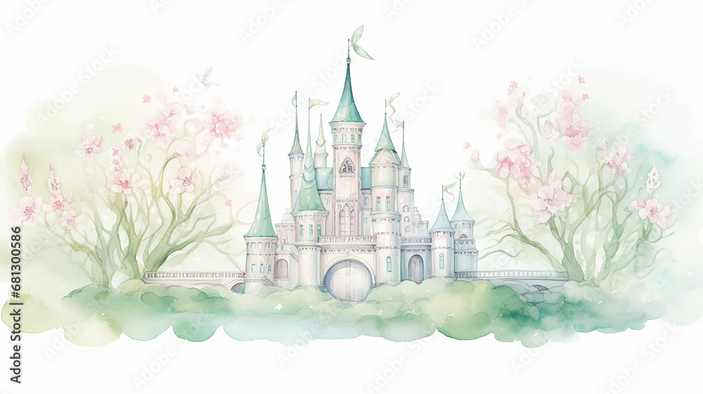 Obraz premium green spring castle of a fairy tale princess, watercolor soft light mint pattern isolated on a white background