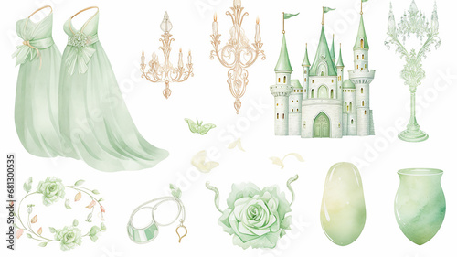 set collection of green delicate accessories of a fairy princess watercolor drawing isolated on a white background delicate soft mint color of spring