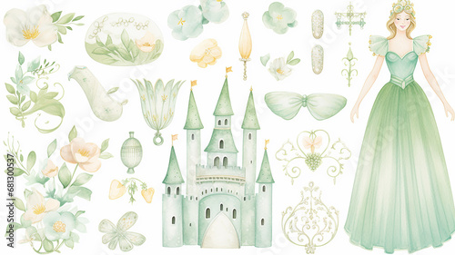 set collection of green delicate accessories of a fairy princess watercolor drawing isolated on a white background delicate soft mint color of spring photo