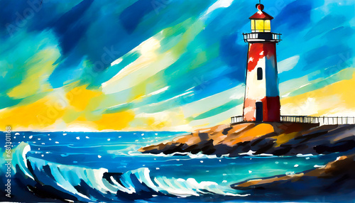 Lighthouse by the sea in gouache