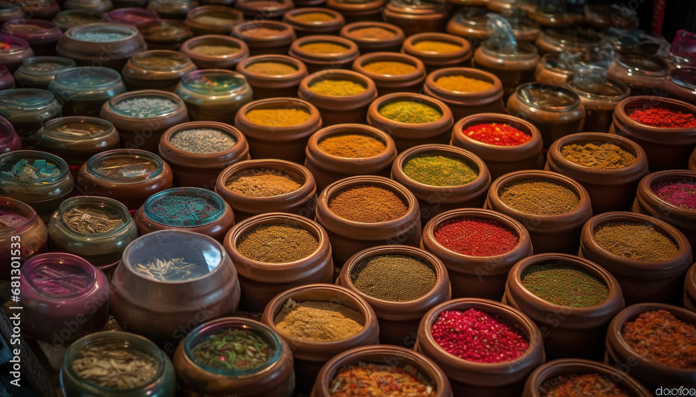 Vibrant colors of pottery collection in a large store display generated by AI Vibrant colors of pottery collection in a large store display generated by AI